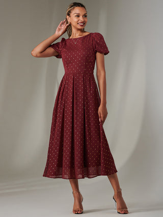 Metallic Spot Chiffon Midimix Dress, Burgundy