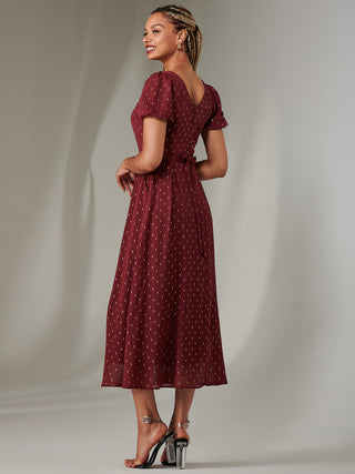 Metallic Spot Chiffon Midimix Dress, Burgundy