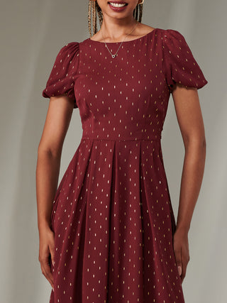 Metallic Spot Chiffon Midimix Dress, Burgundy