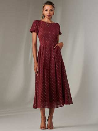 Metallic Spot Chiffon Midimix Dress, Burgundy