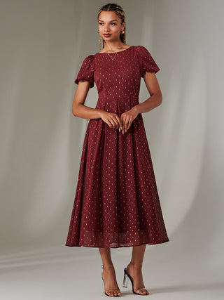 Metallic Spot Chiffon Midimix Dress, Burgundy