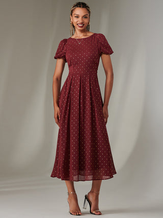 Metallic Spot Chiffon Midimix Dress, Burgundy