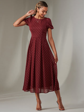 Metallic Spot Chiffon Midimix Dress, Burgundy