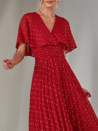 Metallic Spot Chiffon Pleated Dress, Dark Red