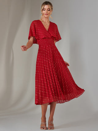 Metallic Spot Chiffon Pleated Dress, Dark Red