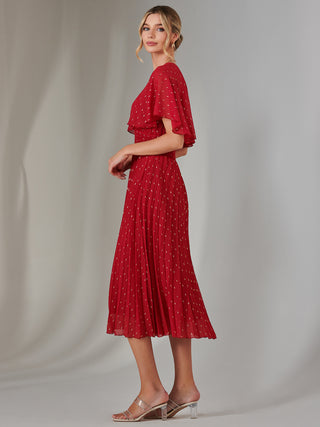 Metallic Spot Chiffon Pleated Dress, Dark Red