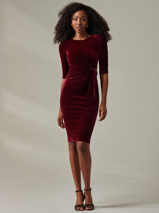 Velvet Side Tie Midi Dress, Burgundy