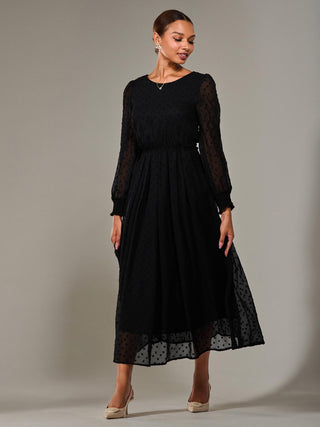 Long Sleeve Chiffon Midaxi Dress, Black