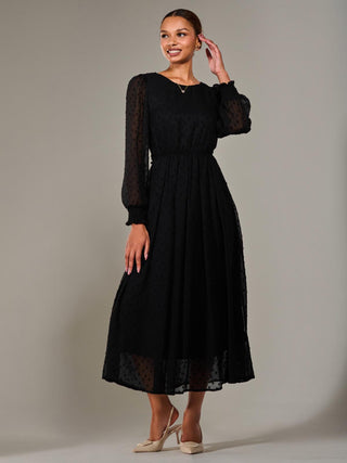 Long Sleeve Chiffon Midaxi Dress, Black