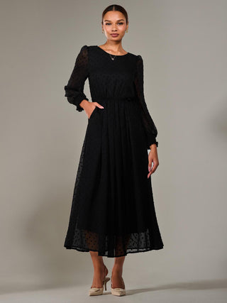Long Sleeve Chiffon Midaxi Dress, Black