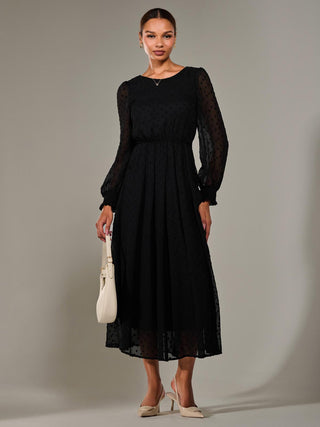 Long Sleeve Chiffon Midaxi Dress, Black