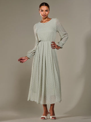 Long Sleeve Chiffon Midaxi Dress, Light Green