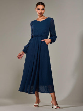 Long Sleeve Chiffon Midaxi Dress, Navy