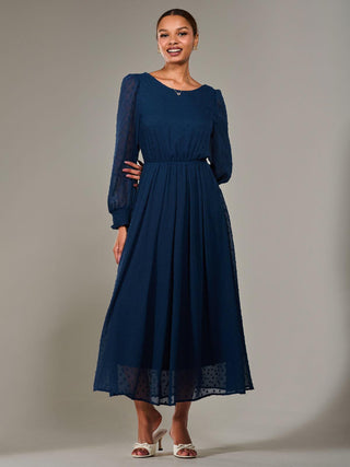 Long Sleeve Chiffon Midaxi Dress, Navy