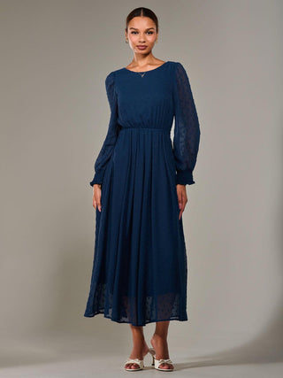 Long Sleeve Chiffon Midaxi Dress, Navy