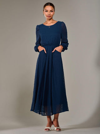 Long Sleeve Chiffon Midaxi Dress, Navy