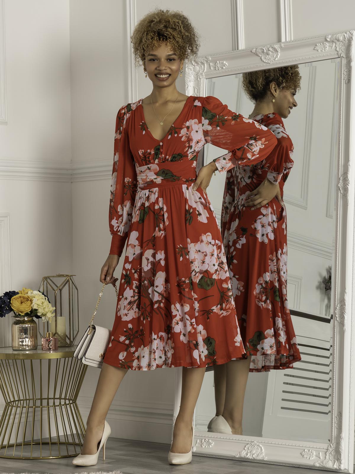 Gianna Long Sleeve Mesh Dress, Red Floral
