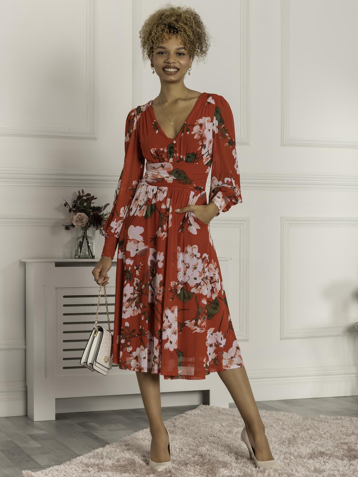 Gianna Long Sleeve Mesh Dress, Red Floral