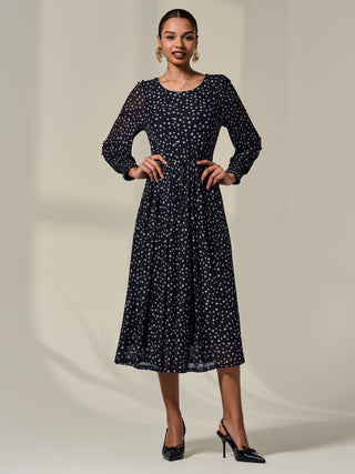 Long Sleeve Mesh Midi Dress, Black Polka