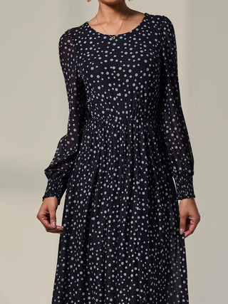 Long Sleeve Mesh Midi Dress, Black Polka