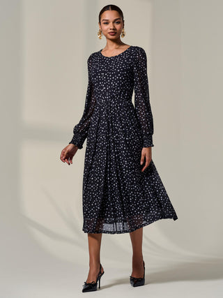 Long Sleeve Mesh Midi Dress, Black Polka