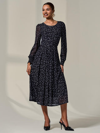 Long Sleeve Mesh Midi Dress, Black Polka