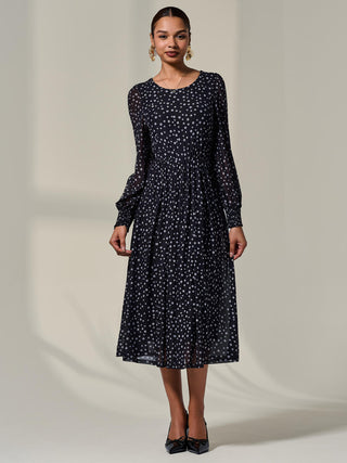 Long Sleeve Mesh Midi Dress, Black Polka