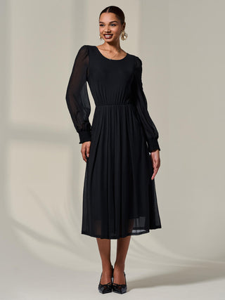 Long Sleeve Mesh Midi Dress, Black