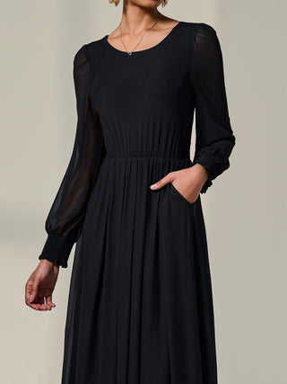 Long Sleeve Mesh Midi Dress, Black