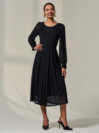 Long Sleeve Mesh Midi Dress, Black