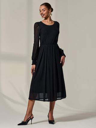 Long Sleeve Mesh Midi Dress, Black