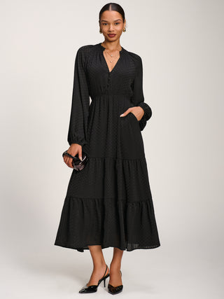 Long Sleeve Textured Satin Midaxi Dress, Black