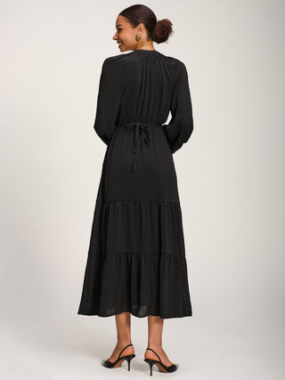 Long Sleeve Textured Satin Midaxi Dress, Black
