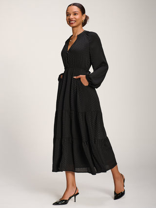 Long Sleeve Textured Satin Midaxi Dress, Black