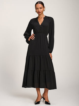 Long Sleeve Textured Satin Midaxi Dress, Black