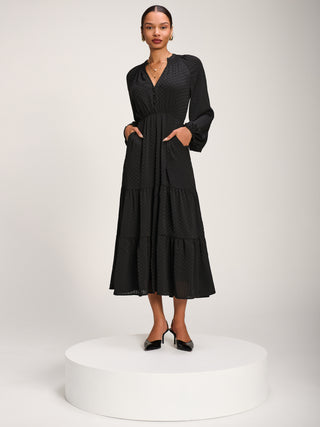 Long Sleeve Textured Satin Midaxi Dress, Black