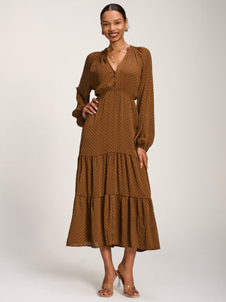 Long Sleeve Textured Satin Midaxi Dress, Brown