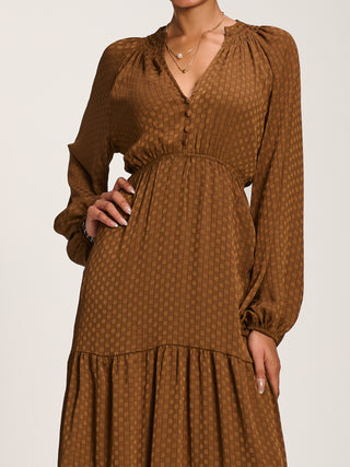 Long Sleeve Textured Satin Midaxi Dress, Brown