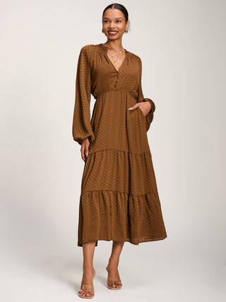 Long Sleeve Textured Satin Midaxi Dress, Brown