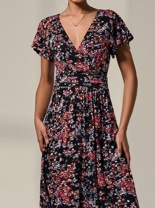 Mock Wrap Jesery Midi Dress, Black Floral