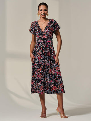 Mock Wrap Jesery Midi Dress, Black Floral