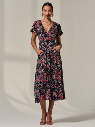 Mock Wrap Jesery Midi Dress, Black Floral