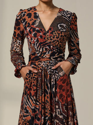 Mesh Long Ruffle Sleeve Midaxi Dress, Animal Multi