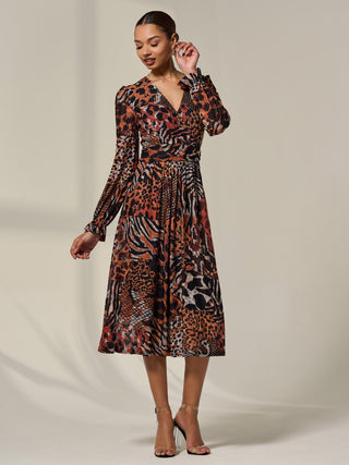 Mesh Long Ruffle Sleeve Midaxi Dress, Animal Multi