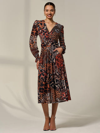 Mesh Long Ruffle Sleeve Midaxi Dress, Animal Multi