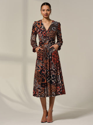 Mesh Long Ruffle Sleeve Midaxi Dress, Animal Multi