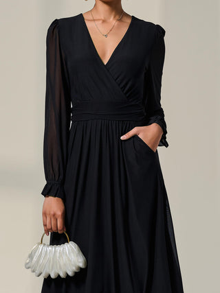 Mesh Long Ruffle Sleeve Midaxi Dress, Black