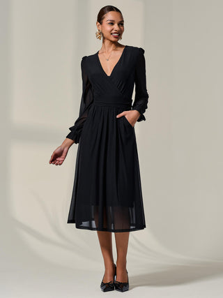 Mesh Long Ruffle Sleeve Midaxi Dress, Black