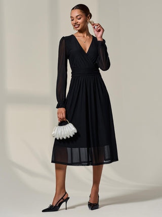 Mesh Long Ruffle Sleeve Midaxi Dress, Black
