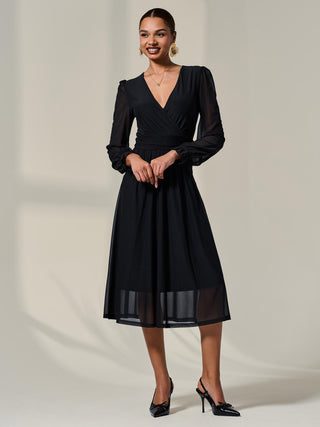 Mesh Long Ruffle Sleeve Midaxi Dress, Black
